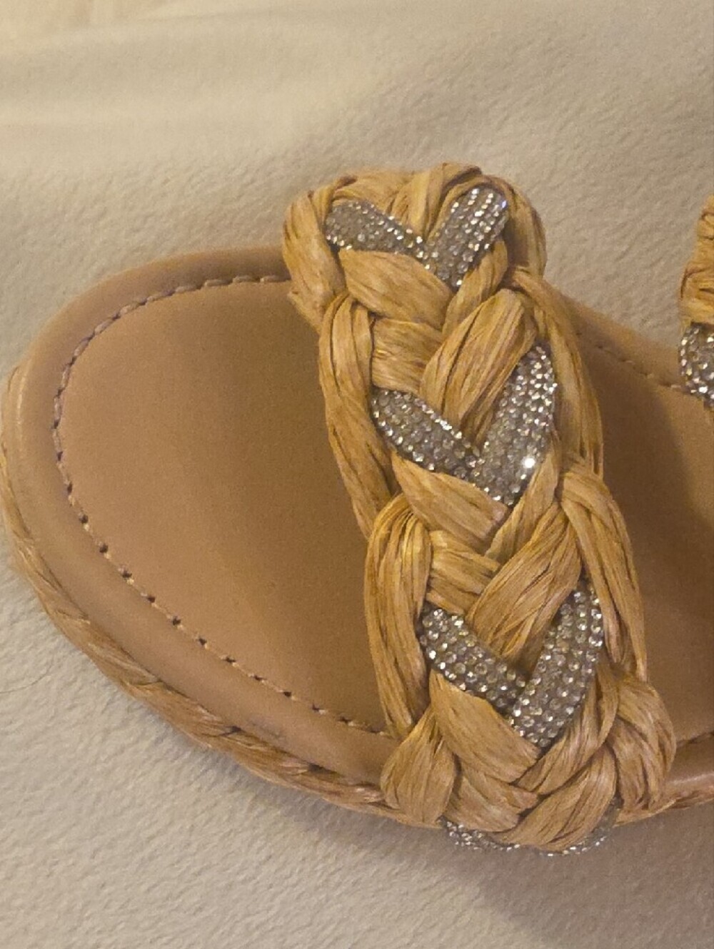 Stuart Weitzman LANA Natural Braided Raffia Wedge Sandals with Crystal Accents 8 - Picture 7 of 16